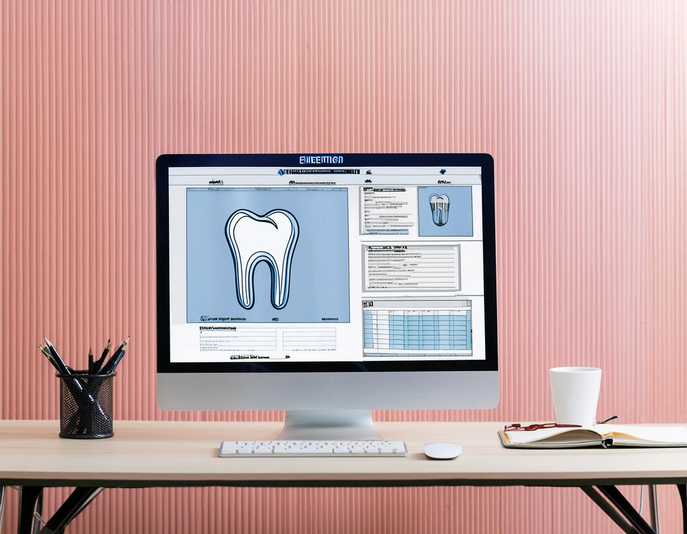 AI generated image of a computer on a desk with a dental website on it