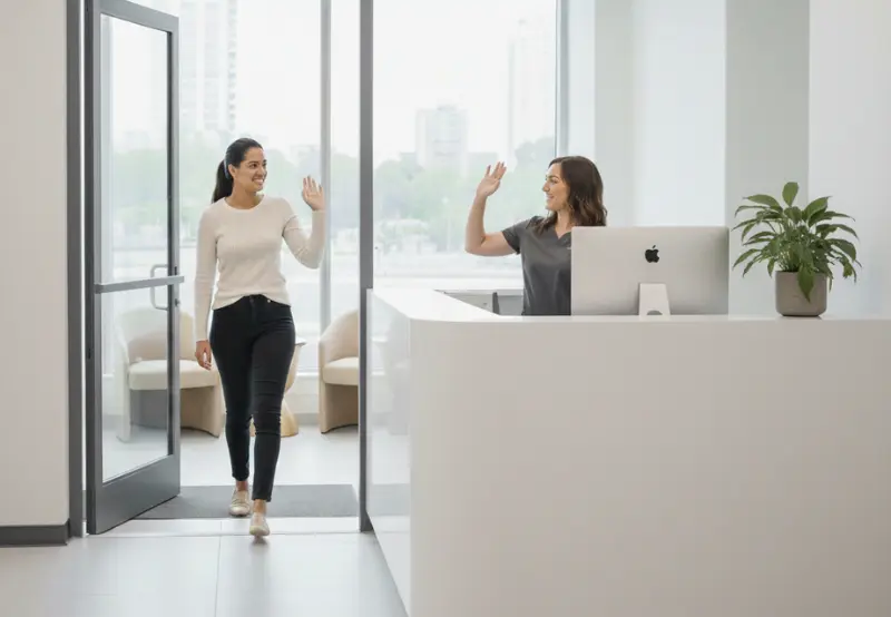 Young woman smiling and waving as she enters a modern dental office, greeted by a friendly receptionist waving back at a clean white reception desk.