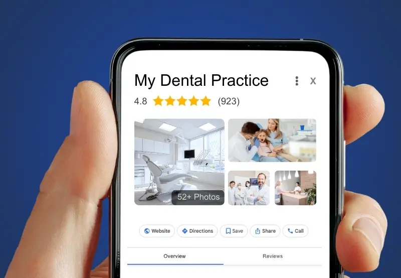 Smartphone displaying a highly rated Google Business Profile for a dental practice with photos and reviews
