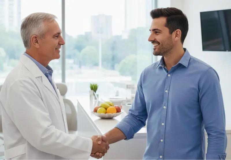 Smiling dentist in white coat shaking hands with a happy male patient in a bright, modern dental consultation room with fresh fruit on the counter.