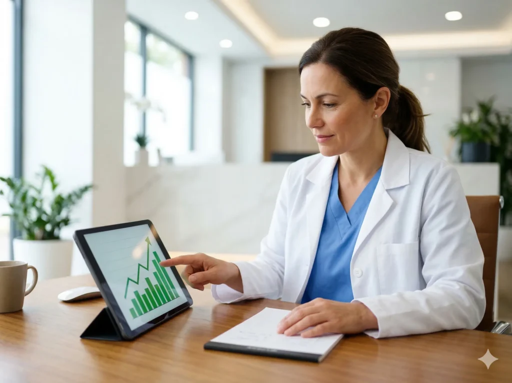 Dentist reviewing dental marketing growth on tablet